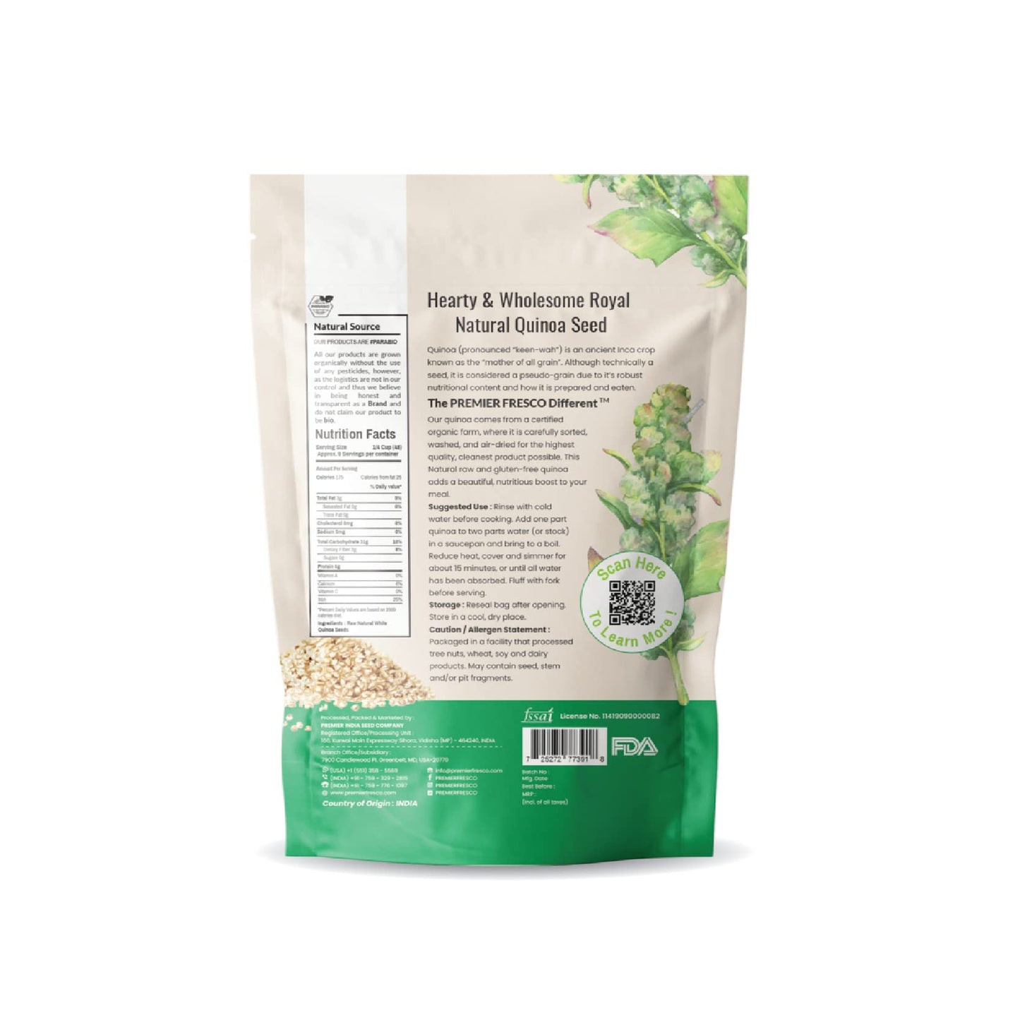 Premier Fresco | RAW NATURAL™- White Quinoa, Whole Grain | Pre-washed | Gluten-free | Plant Protein, Fiber | Organic Ancient Grain for Pasta and Rice Substitutes -450g (Pack of 1)